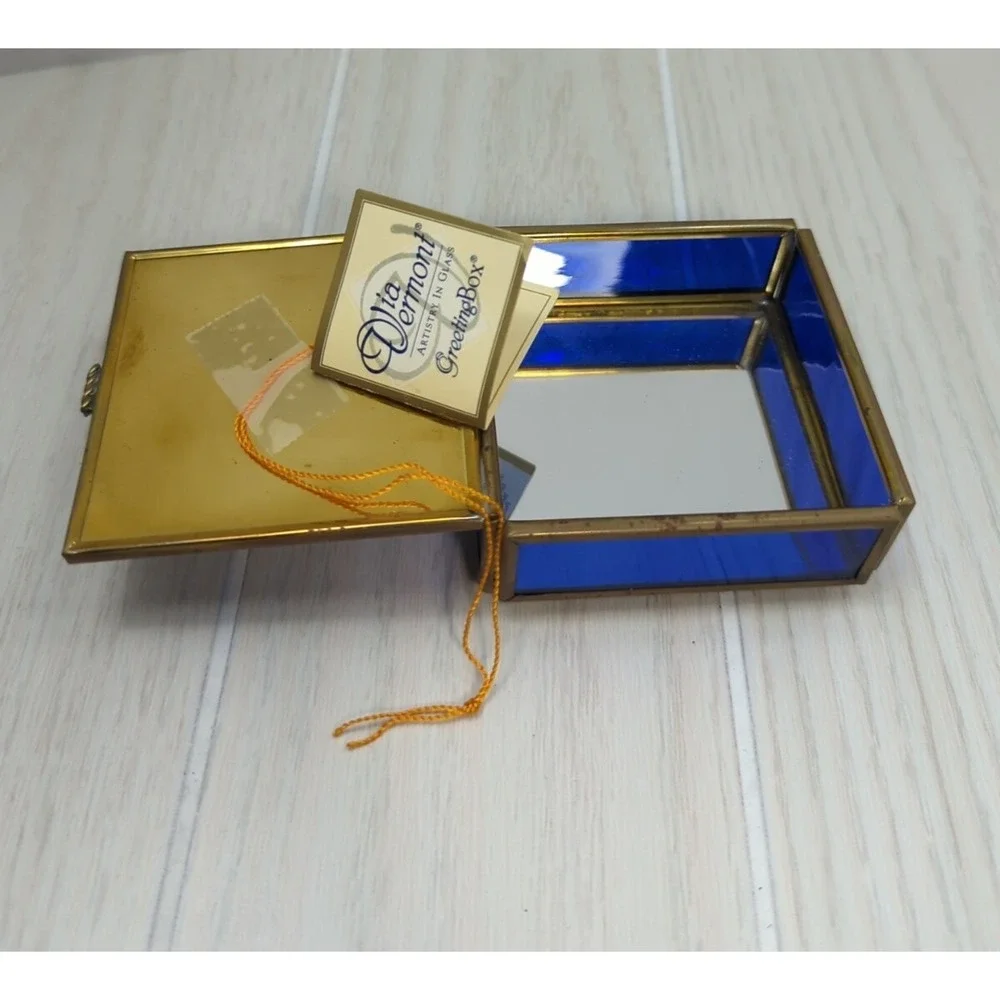 Enesco Blue Glass Brass Thomas Cathey Angel Trinket Jewelry Box Mirror Vintage